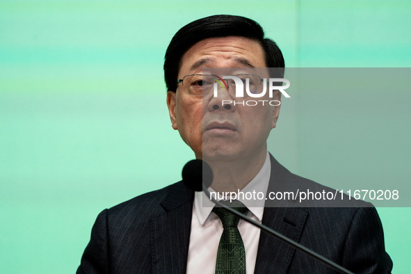 Hong Kong Chief Executive John Lee speaks at a press conference on his 2024 policy address in Hong Kong, China, on October 16, 2024. Today,...