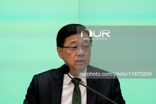 Hong Kong Chief Executive John Lee speaks at a press conference on his 2024 policy address in Hong Kong, China, on October 16, 2024. Today,...