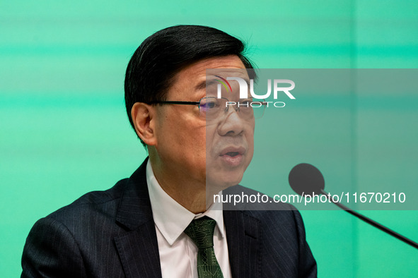 Hong Kong Chief Executive John Lee speaks at a press conference on his 2024 policy address in Hong Kong, China, on October 16, 2024. Today,...