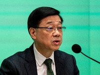 Hong Kong Chief Executive John Lee speaks at a press conference on his 2024 policy address in Hong Kong, China, on October 16, 2024. Today,...