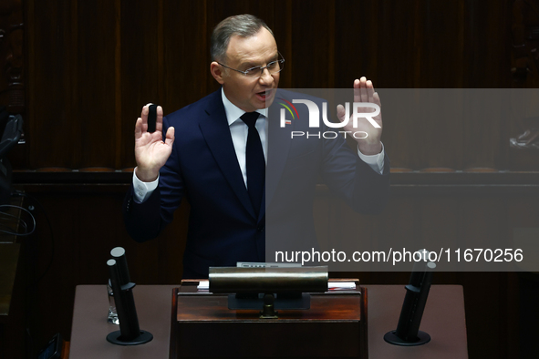 Polish President Andrzej Duda speaks during the Polish Parliament session in Warsaw, Poland on October 16, 2024. 