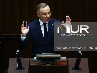 Polish President Andrzej Duda speaks during the Polish Parliament session in Warsaw, Poland on October 16, 2024. (