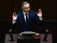 Polish President Andrzej Duda speaks during the Polish Parliament session in Warsaw, Poland on October 16, 2024. (