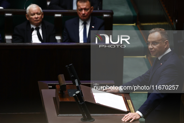 Polish President Andrzej Duda speaks as Law and Justice party leader Jaroslaw Kaczynski and Mariusz Blaszczak listen during the Polish Parli...