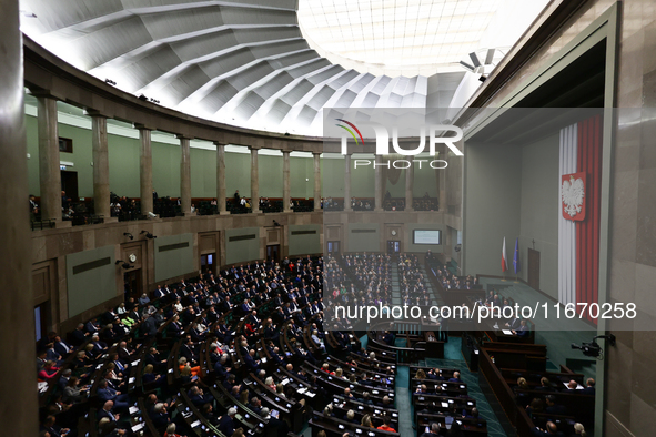 Polish President Andrzej Duda speaks during the Polish Parliament session in Warsaw, Poland on October 16, 2024. 