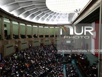 Polish President Andrzej Duda speaks during the Polish Parliament session in Warsaw, Poland on October 16, 2024. (