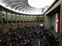 Polish President Andrzej Duda speaks during the Polish Parliament session in Warsaw, Poland on October 16, 2024. (