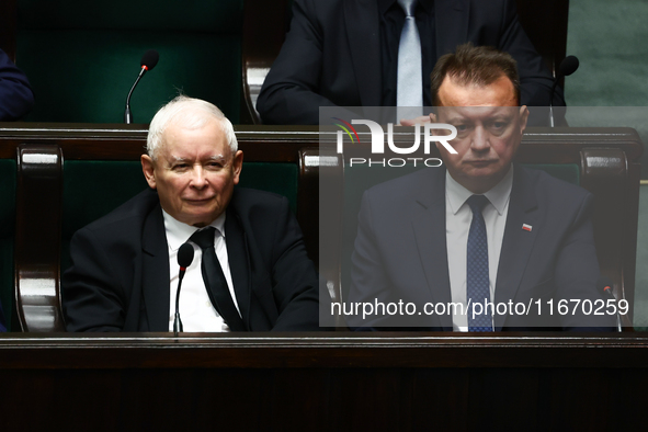 Law and Justice party leader Jaroslaw Kaczynski and Mariusz Blaszczak during the Polish Parliament session in Warsaw, Poland on October 16,...