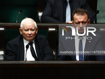 Law and Justice party leader Jaroslaw Kaczynski and Mariusz Blaszczak during the Polish Parliament session in Warsaw, Poland on October 16,...