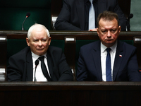 Law and Justice party leader Jaroslaw Kaczynski and Mariusz Blaszczak during the Polish Parliament session in Warsaw, Poland on October 16,...