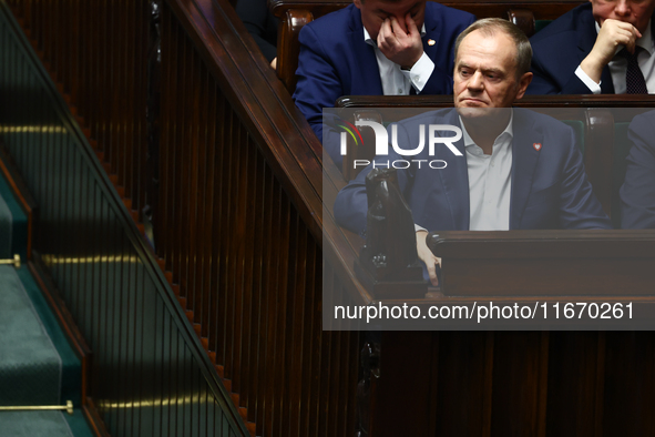 Polish Prime Minister Donald Tusk during the Polish Parliament session in Warsaw, Poland on October 16, 2024. 