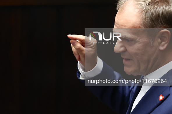 Polish Prime Minister Donald Tusk speaks during the Polish Parliament session in Warsaw, Poland on October 16, 2024. 