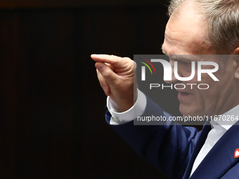 Polish Prime Minister Donald Tusk speaks during the Polish Parliament session in Warsaw, Poland on October 16, 2024. (