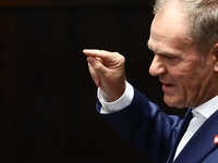 Polish Prime Minister Donald Tusk speaks during the Polish Parliament session in Warsaw, Poland on October 16, 2024. (