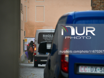 A hearse leaves the house of the femicide in Solero, Italy, on October 16, 2024, of Professor Patrizia Russo by the hand of her husband Giov...