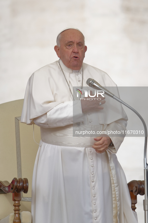 Pope Francis arrives in St. Peter's Square at the Vatican on October 16, 2024, for the weekly general audience. 