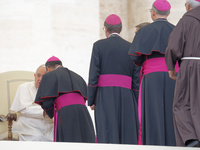 Pope Francis talks with a bishop at the end of his weekly general audience at Saint Peter's Square in The Vatican on October 16, 2024. (