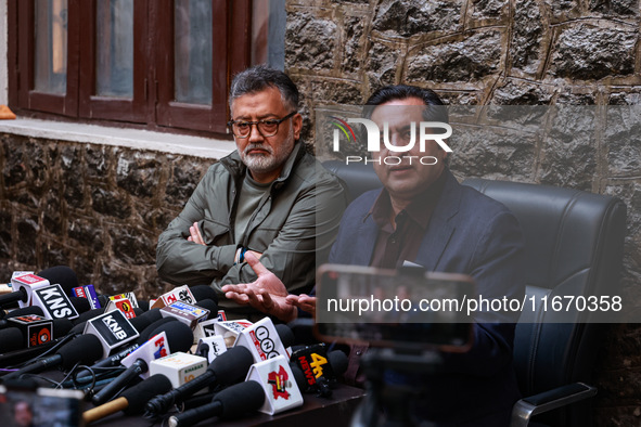 People's Conference President Sajad Gani Lone, along with Imran Reza Ansari, addresses media persons after Omar Abdullah takes the oath as C...