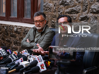 People's Conference President Sajad Gani Lone, along with Imran Reza Ansari, addresses media persons after Omar Abdullah takes the oath as C...