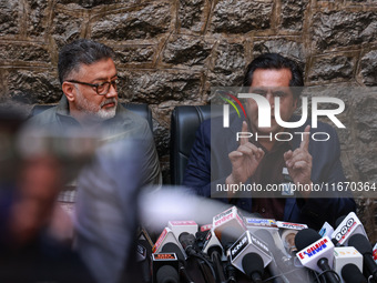 People's Conference President Sajad Gani Lone, along with Imran Reza Ansari, addresses media persons after Omar Abdullah takes the oath as C...