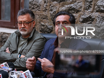 People's Conference President Sajad Gani Lone, along with Imran Reza Ansari, addresses media persons after Omar Abdullah takes the oath as C...