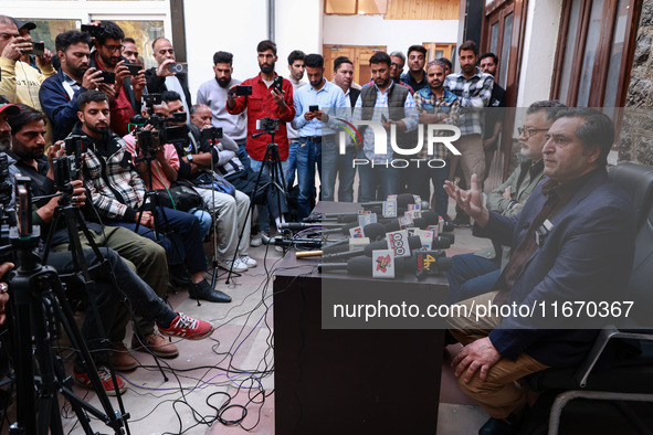 People's Conference President Sajad Gani Lone, along with Imran Reza Ansari, addresses media persons after Omar Abdullah takes the oath as C...