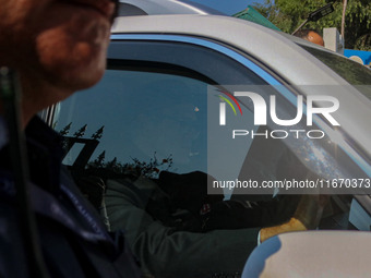 National Conference (NC) Vice President Omar Abdullah leaves in his vehicle after taking the oath as Jammu and Kashmir's Chief Minister in S...