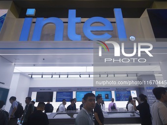 Visitors visit the stand of Intel at the 2024 Apsara Conference in Hangzhou, Zhejiang province, China, on September 19, 2024. (