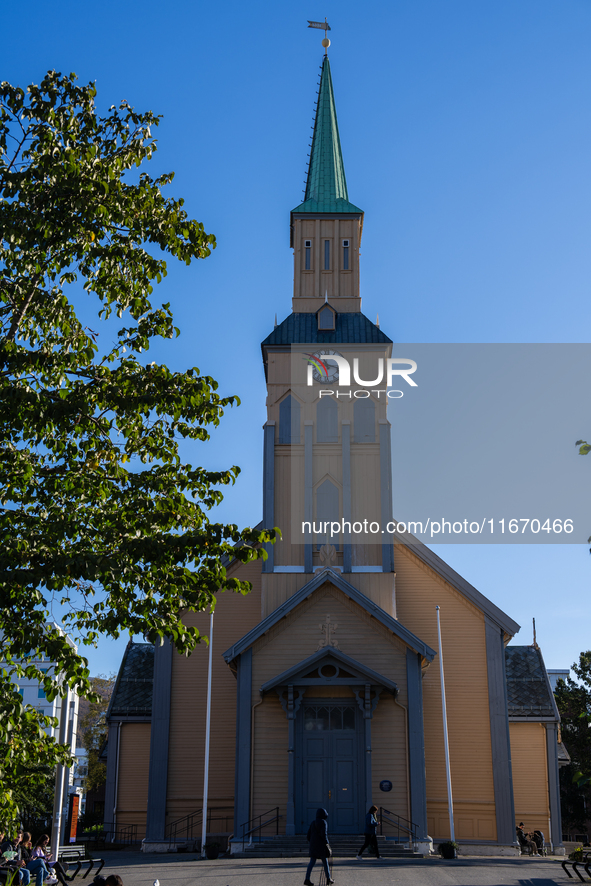 A view of the the Cathedral of Tromso (Tromso domkirke) in Tromso, Norway on September 25, 2024. Tromso is the biggest city in Northern Norw...