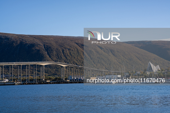 A view of the Tromso Bridge and the Arctic Cathedral (R) in Tromso, Norway on September 25, 2024. Tromso is the biggest city in Northern Nor...