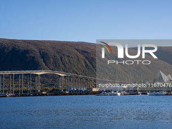 A view of the Tromso Bridge and the Arctic Cathedral (R) in Tromso, Norway on September 25, 2024. Tromso is the biggest city in Northern Nor...