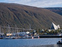 A view of the Tromso Bridge and the Arctic Cathedral (R) in Tromso, Norway on September 25, 2024. Tromso is the biggest city in Northern Nor...