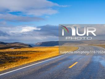 A general view of the E69 road, on the road for Nordkapp (North Cape), Norway on September 27, 2024. The European route E69 motorway ends at...