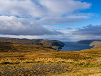 A view of the rugged, mountainous terrain near Nordkapp, Norway, on September 27, 2024. The European route E69 motorway ends at North Cape,...