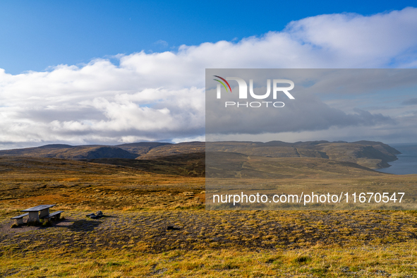 A view of the rugged, mountainous terrain near Nordkapp, Norway, on September 27, 2024. The European route E69 motorway ends at North Cape,...