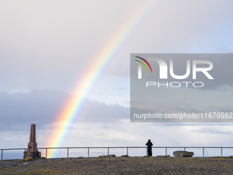 A rainbow is seen in North Cape, Norway,  on September 27, 2024. Nordkapp or North Cape is considered the northernmost point in Europe and o...