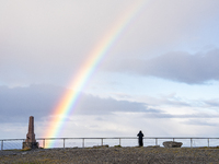 A rainbow is seen in North Cape, Norway,  on September 27, 2024. Nordkapp or North Cape is considered the northernmost point in Europe and o...