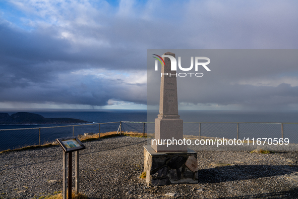 Memorial to the visit by King Oscar II to North Cape on 2 July 1873. 'Kong OscarII besteg Nordkap d. 2Juli 1873', in  North Cape, Norway,  o...