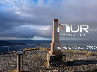 Memorial to the visit by King Oscar II to North Cape on 2 July 1873. 'Kong OscarII besteg Nordkap d. 2Juli 1873', in  North Cape, Norway,  o...