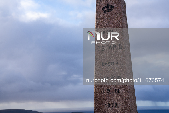 Memorial to the visit by King Oscar II to North Cape on 2 July 1873. 'Kong OscarII besteg Nordkap d. 2Juli 1873', in  North Cape, Norway,  o...