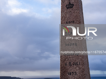 Memorial to the visit by King Oscar II to North Cape on 2 July 1873. 'Kong OscarII besteg Nordkap d. 2Juli 1873', in  North Cape, Norway,  o...