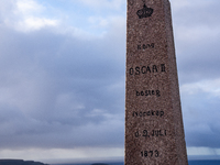 Memorial to the visit by King Oscar II to North Cape on 2 July 1873. 'Kong OscarII besteg Nordkap d. 2Juli 1873', in  North Cape, Norway,  o...