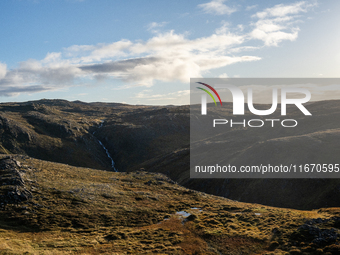 A view of the rugged, mountainous terrain near Nordkapp, Norway, on September 27, 2024. The European route E69 motorway ends at North Cape,...