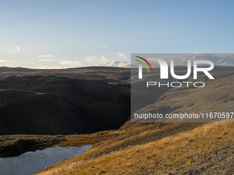 A view of the rugged, mountainous terrain near Nordkapp, Norway, on September 27, 2024. The European route E69 motorway ends at North Cape,...