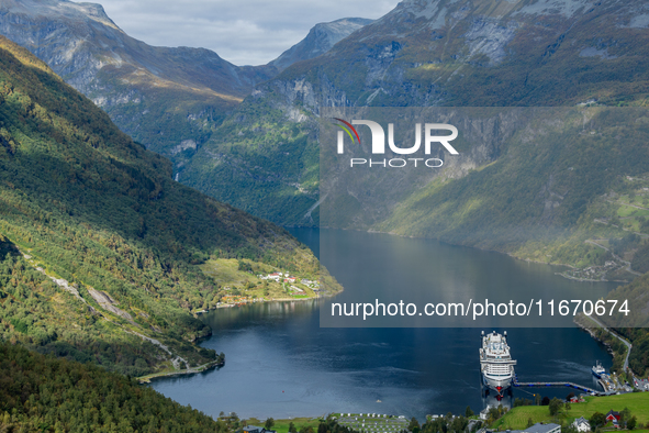 The AIDA Cruises ship docked in Geiranger, Norway, on September 18, 2024. Geiranger Fjord, a major tourist attraction in Norway, was designa...