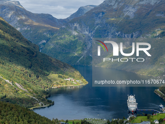 The AIDA Cruises ship docked in Geiranger, Norway, on September 18, 2024. Geiranger Fjord, a major tourist attraction in Norway, was designa...