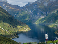 The AIDA Cruises ship docked in Geiranger, Norway, on September 18, 2024. Geiranger Fjord, a major tourist attraction in Norway, was designa...