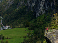 Tourists at the viewpoint of Geiranger, Norway, on September 18, 2024. Geiranger Fjord, a major tourist attraction in Norway, was designated...