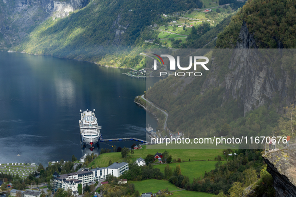 The AIDA Cruises ship docked in Geiranger, Norway, on September 18, 2024. Geiranger Fjord, a major tourist attraction in Norway, was designa...