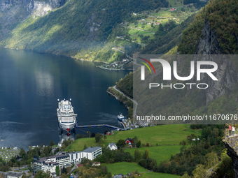 The AIDA Cruises ship docked in Geiranger, Norway, on September 18, 2024. Geiranger Fjord, a major tourist attraction in Norway, was designa...